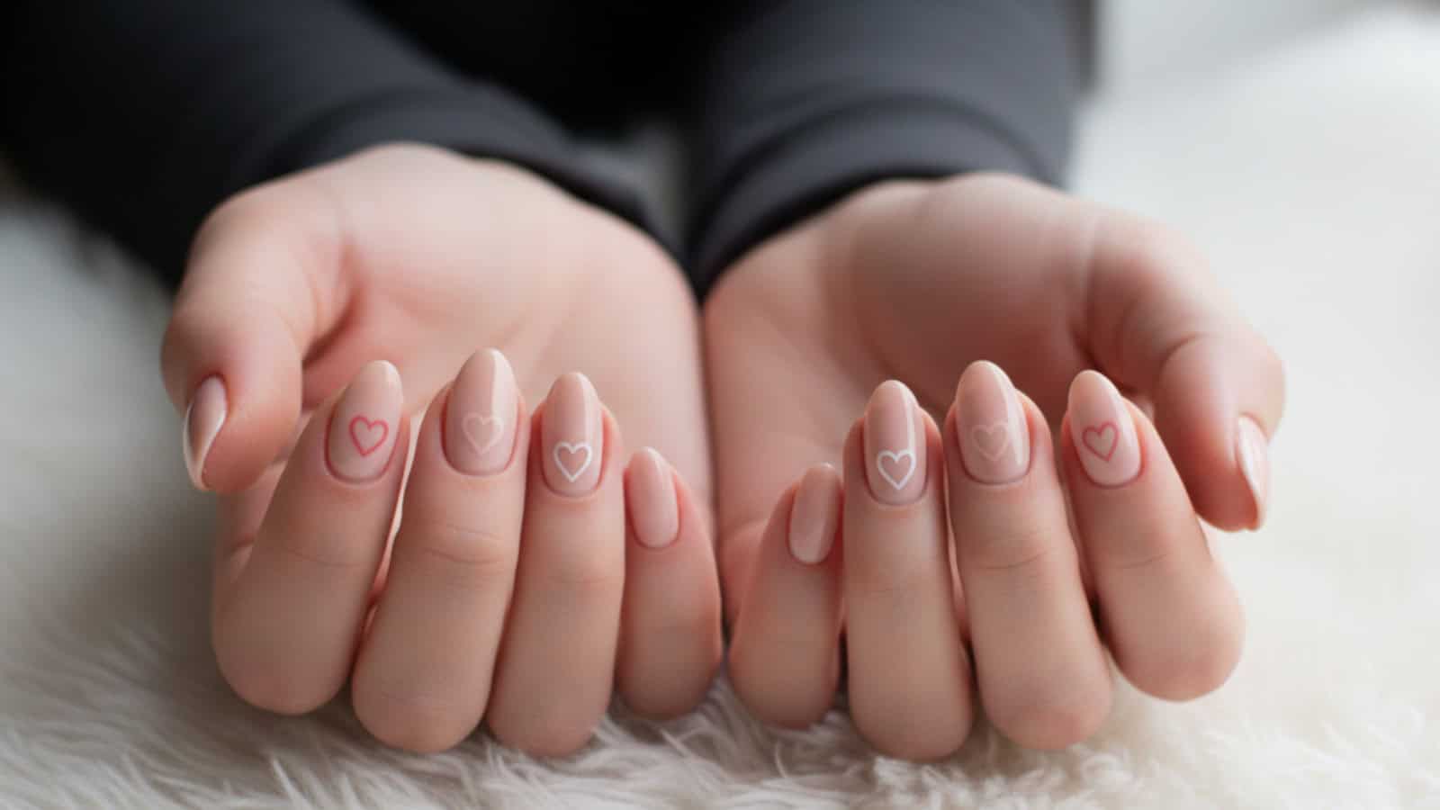 Hands with nude-colored manicured nails, each nail featuring a small outlined heart design, rest on a soft white surface.