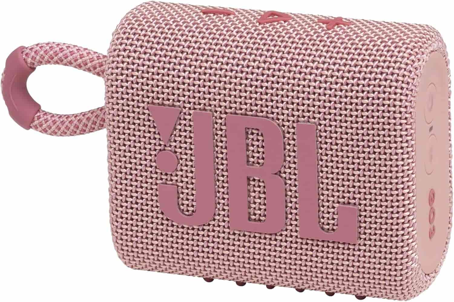 A pink JBL portable Bluetooth speaker with a textured fabric cover and a carrying loop on one end.