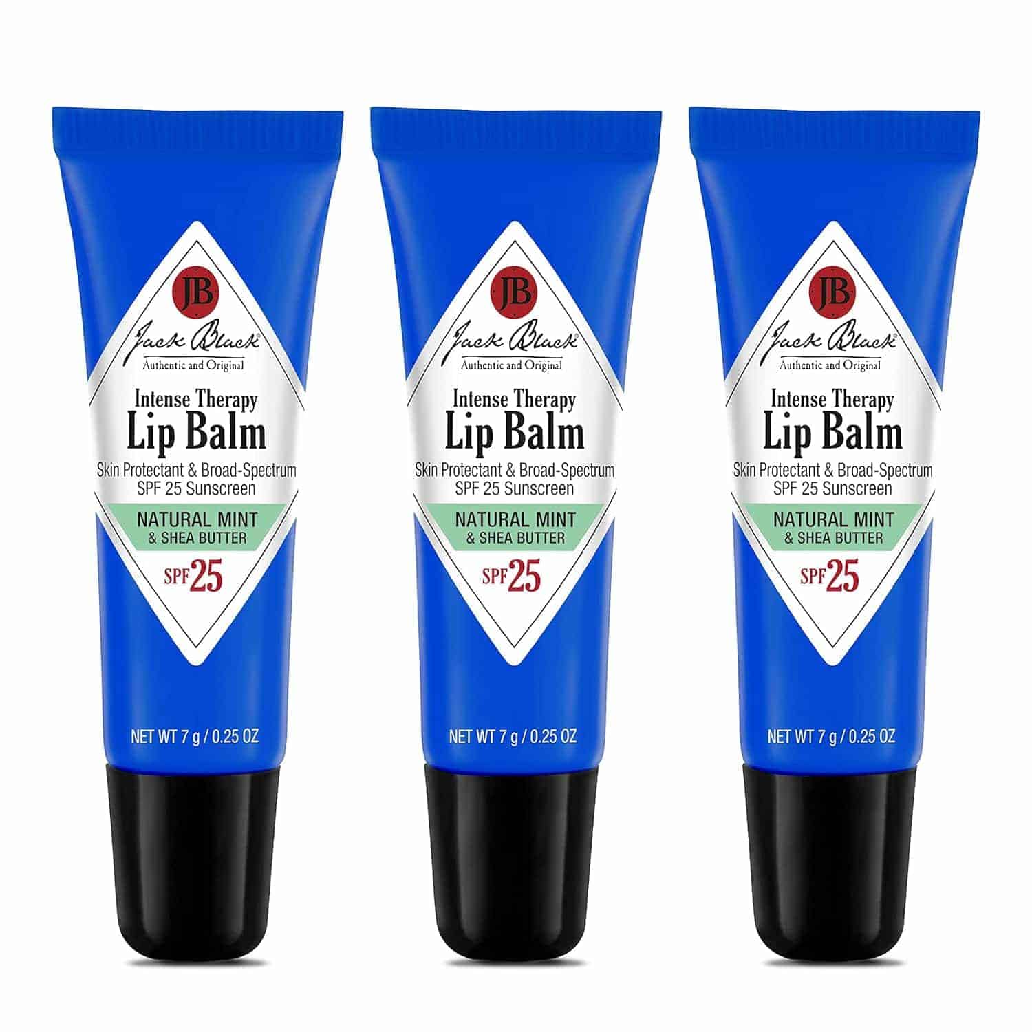 Three tubes of Jack Black Intense Therapy Lip Balm with SPF 25, Natural Mint & Shea Butter variant, are displayed upright against a white background.