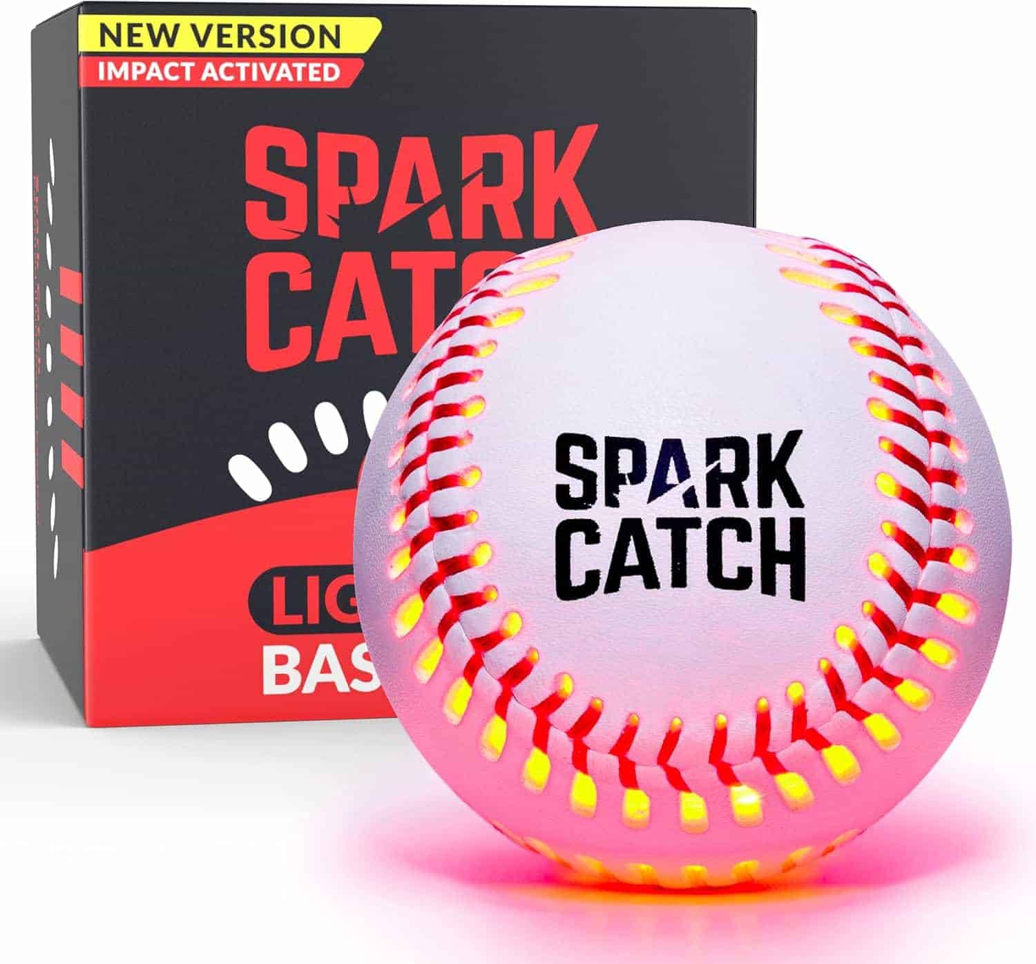 A baseball labeled "Spark Catch" with embedded orange lights sits in front of a box labeled "Spark Catch Light Up Baseball—New Version, Impact Activated.