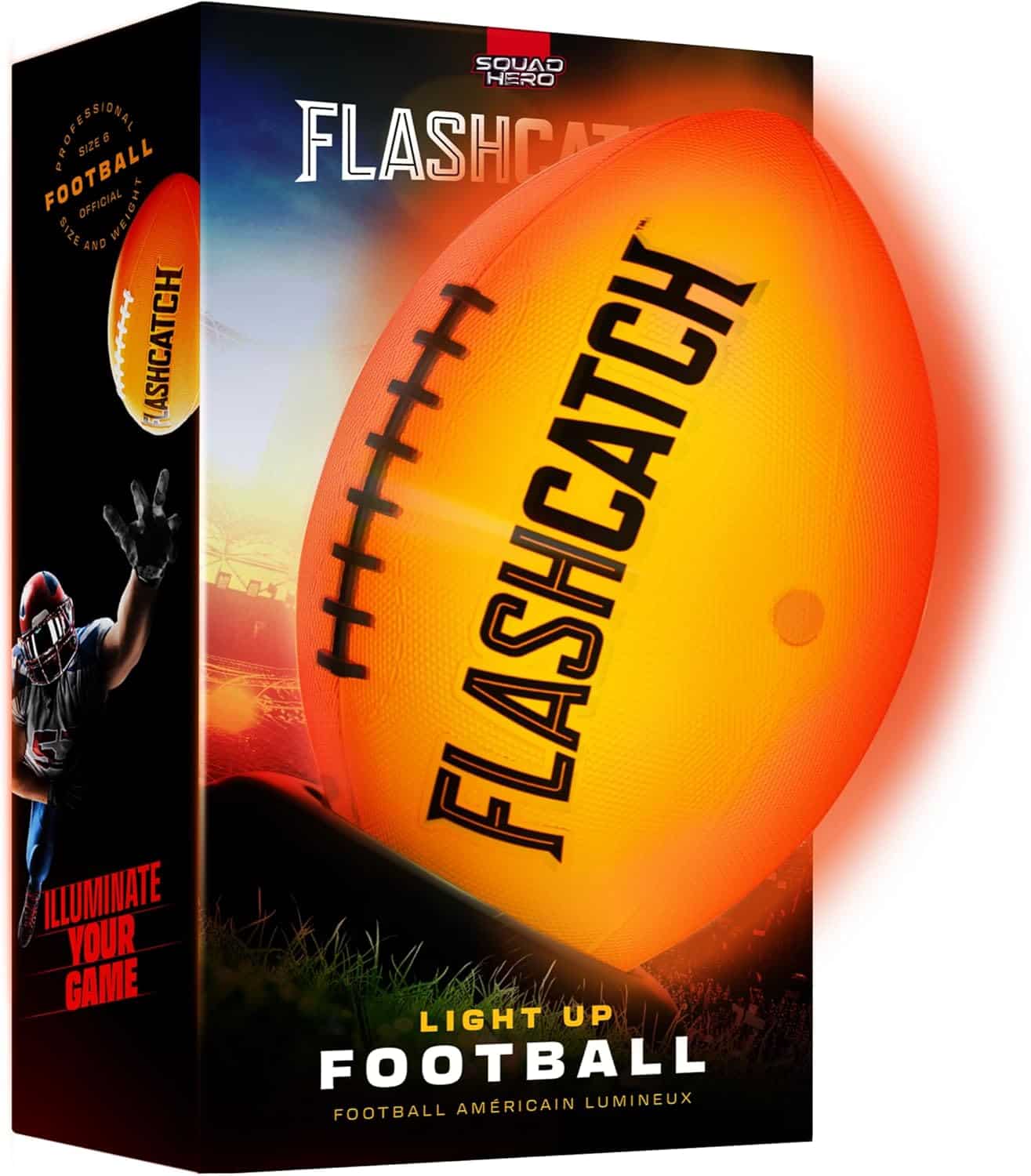 A glowing orange football labeled "FLASHCATCH" is shown next to its packaging, which features a football player and the text "Light Up Football" and "Illuminate Your Game.