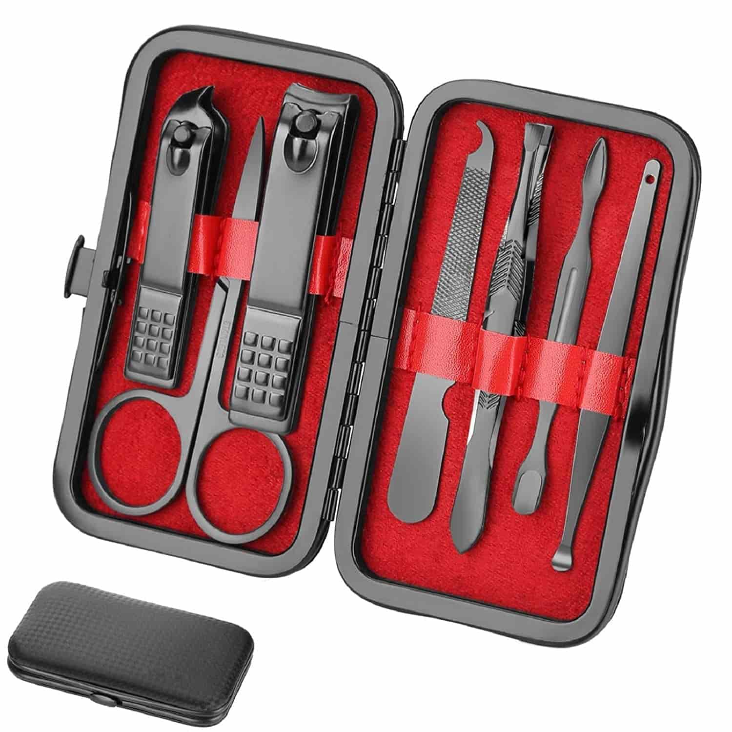 A black manicure set with seven metal grooming tools including clippers, scissors, and tweezers, arranged in a red-lined case.