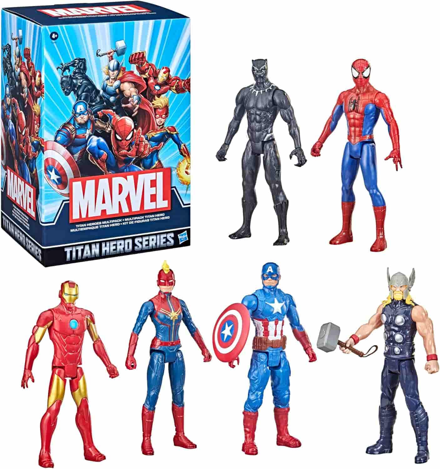 Box and six Marvel Titan Hero Series action figures: Black Panther, Spider-Man, Iron Man, Captain Marvel, Captain America, and Thor, standing in a row.