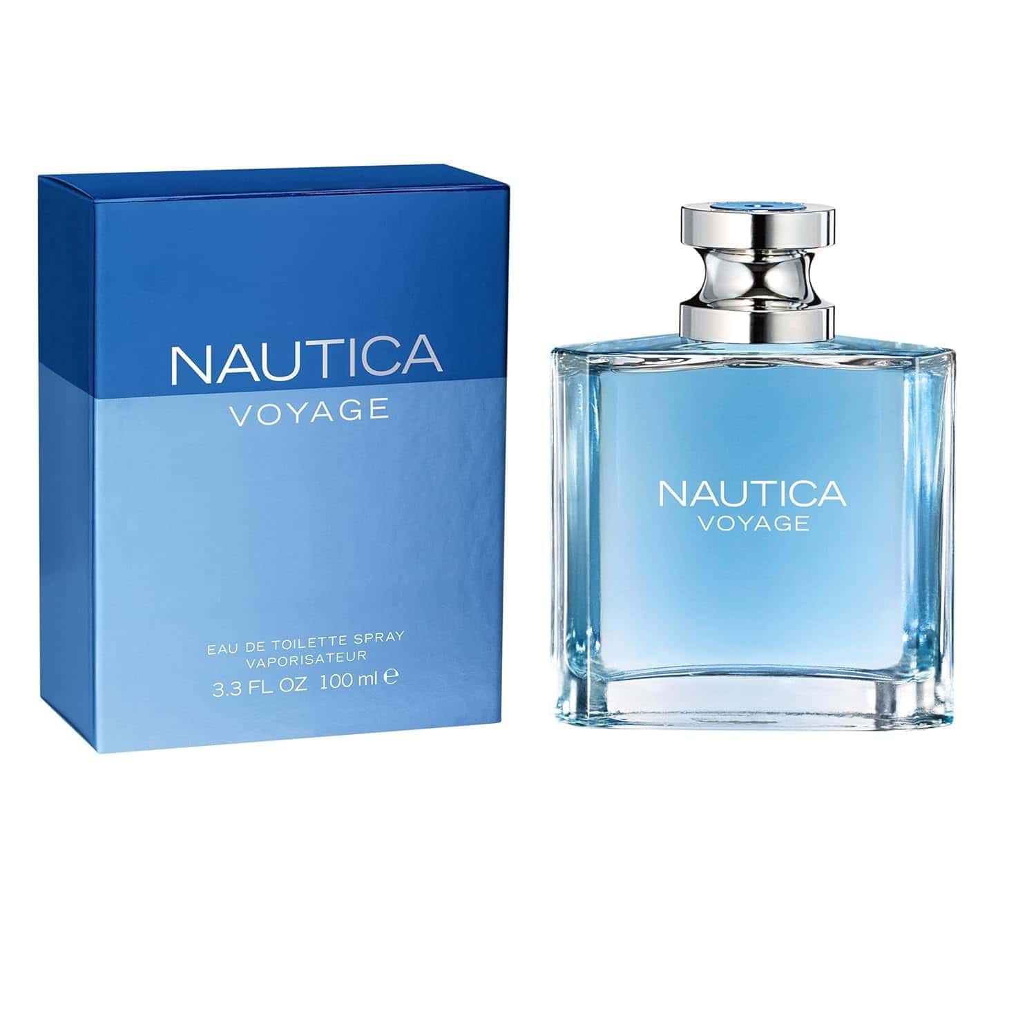 A bottle of Nautica Voyage eau de toilette spray is shown next to its blue gradient packaging, both displaying the brand and fragrance name.