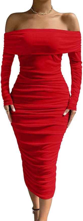 Woman wearing a fitted, off-the-shoulder, long-sleeve red dress with ruched detailing and a mid-calf hemline.