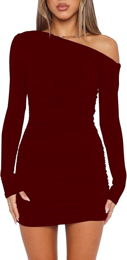 Woman wearing a long-sleeve, dark red, off-the-shoulder bodycon mini dress, standing with hands by her sides.