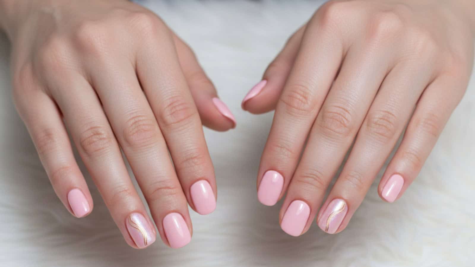Two hands with light pink manicured nails, featuring a subtle gold and white accent design on the ring fingers, shown against a soft white background.
