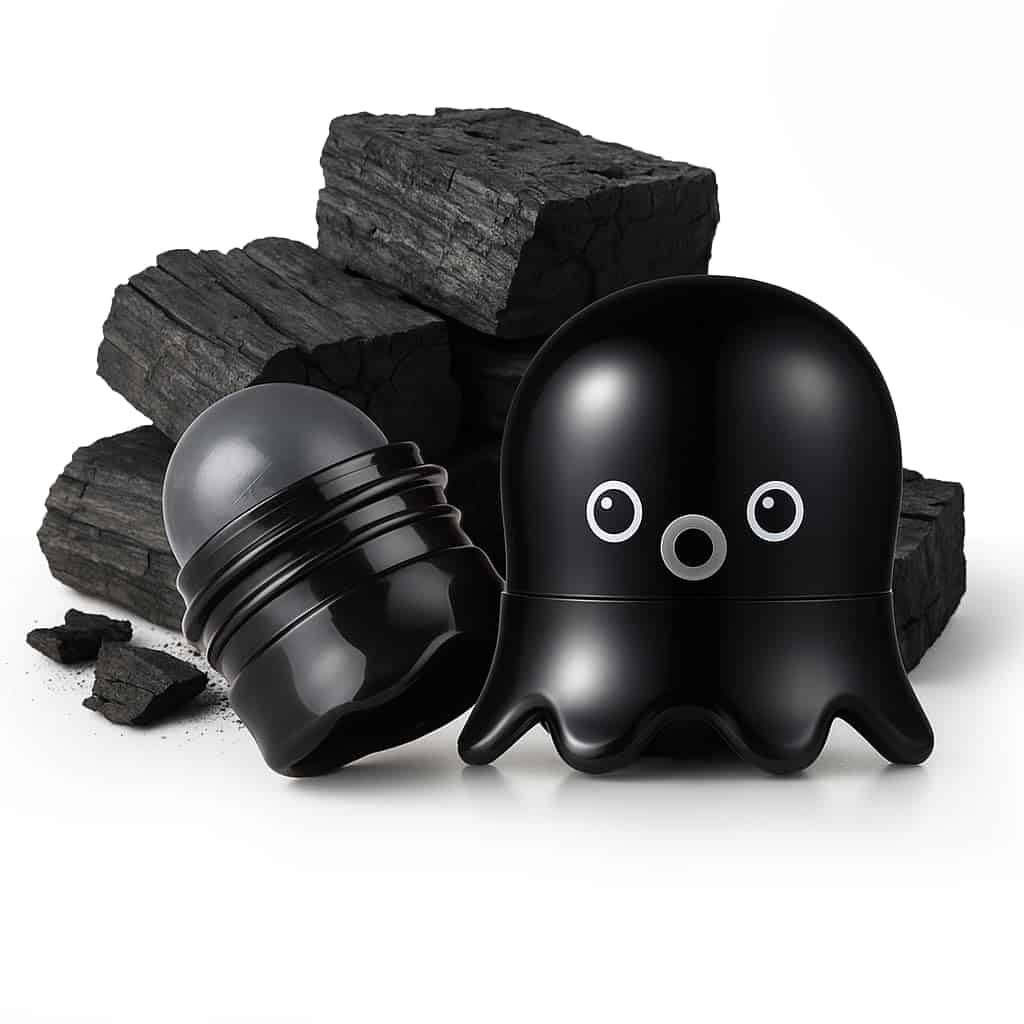 A black octopus-shaped container with a removable lid reveals a gray roll-on balm, placed in front of charcoal pieces on a white background.