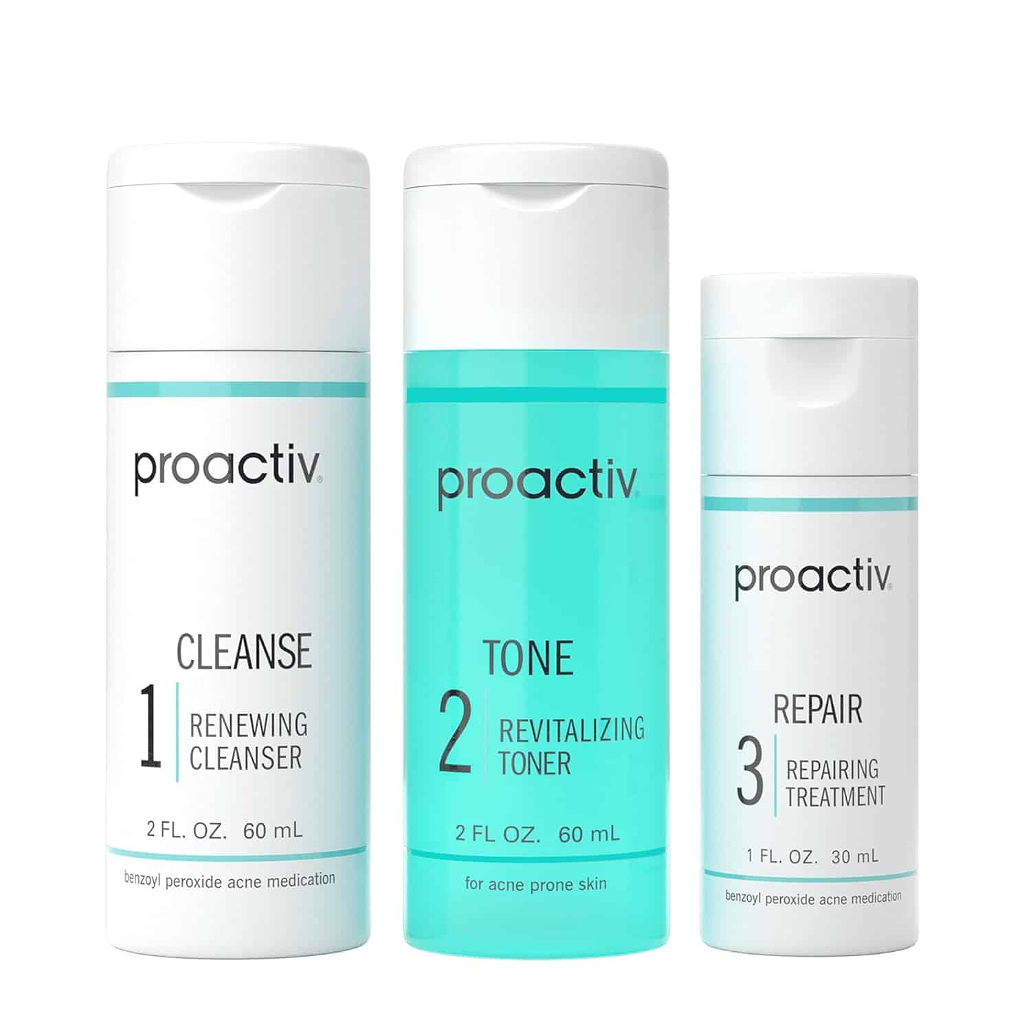 Three Proactiv skincare products labeled Cleanse, Tone, and Repair are shown in white and turquoise bottles with product details visible on the front.