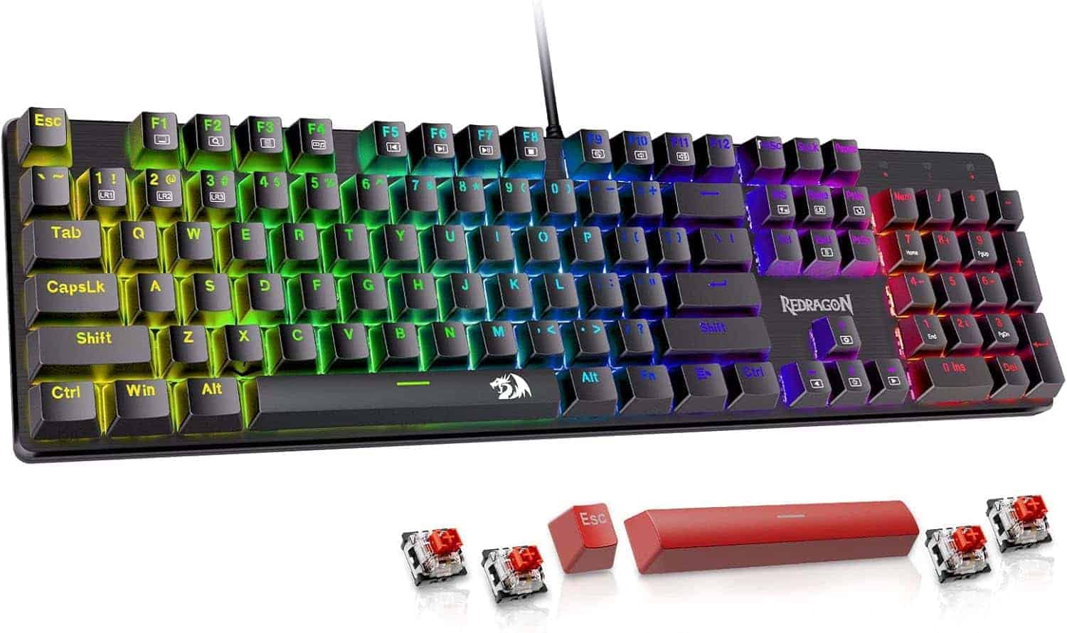 A wired mechanical keyboard with RGB backlit keys, branded Redragon, shown with three removed keys and red mechanical switches displayed in front.