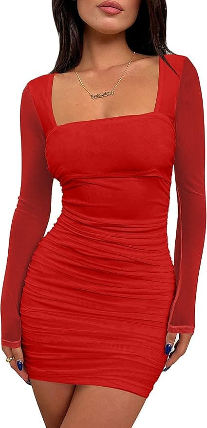 Woman wearing a fitted, long-sleeve, red mini dress with a square neckline, standing against a plain background.