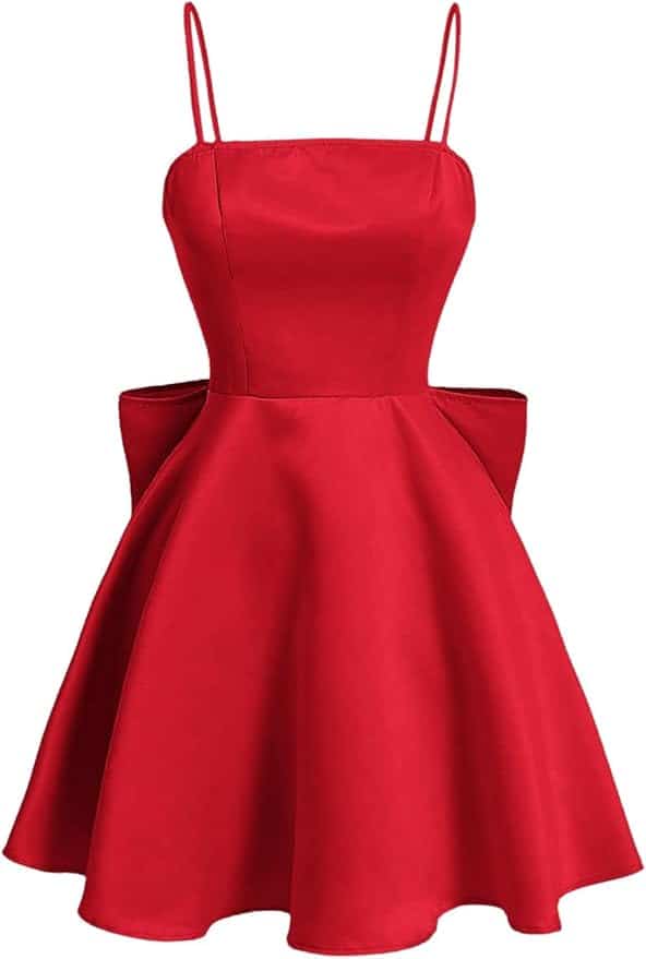 Sleeveless red fit-and-flare dress with thin shoulder straps, a fitted bodice, and a flared skirt featuring structured side panels.
