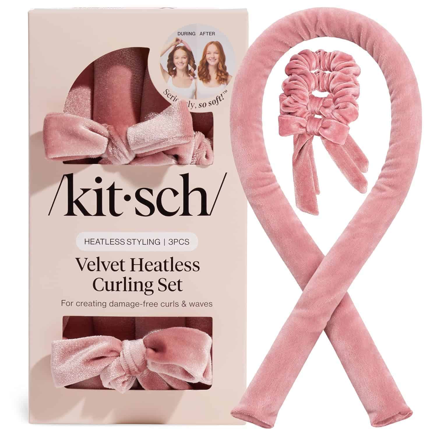 A pink velvet heatless curling set with a curling rod and two scrunchies, shown next to its packaging labeled "kitsch Velvet Heatless Curling Set.