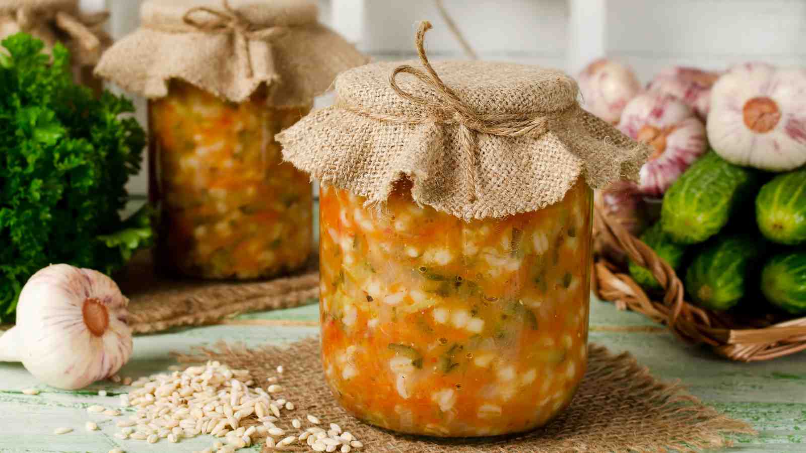 A glass jar filled with homemade vegetable relish sits on a rustic table, covered with a burlap cloth. Fresh garlic, parsley, and cucumbers are arranged in the background.