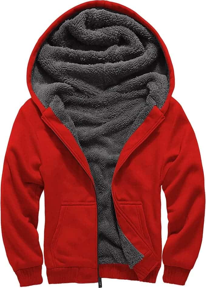 A red hooded jacket with a front zipper, ribbed cuffs, and plush gray fleece lining visible inside the hood and body.