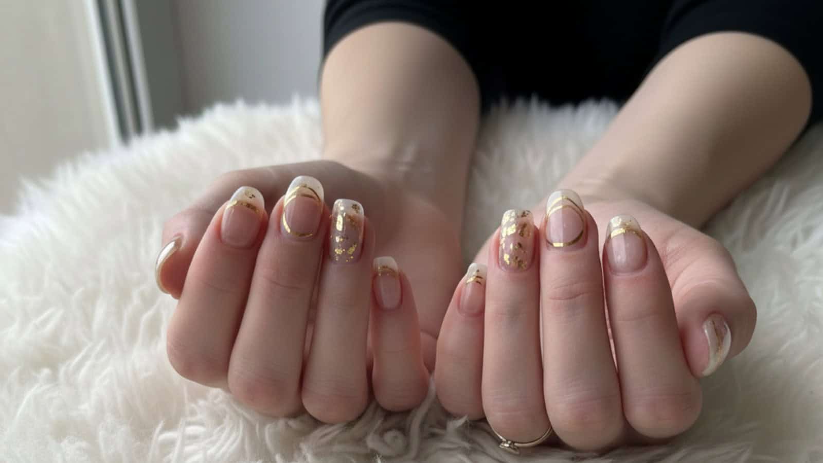 Close-up of two hands with manicured nails featuring gold and white designs, resting on a white, fluffy surface.
