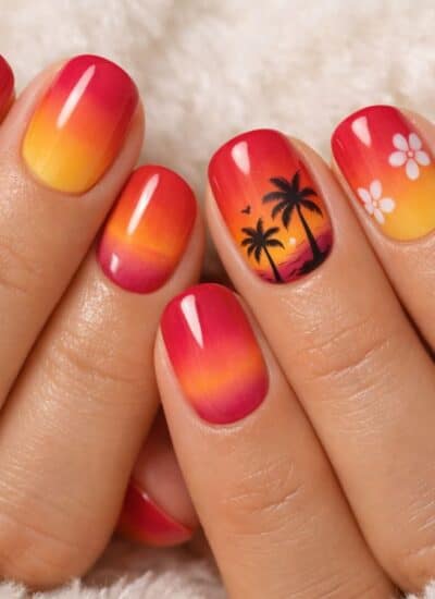 Close-up of hands with nails painted in a red-to-yellow gradient, decorated with white flowers and black palm tree designs, resting on a white textured fabric.