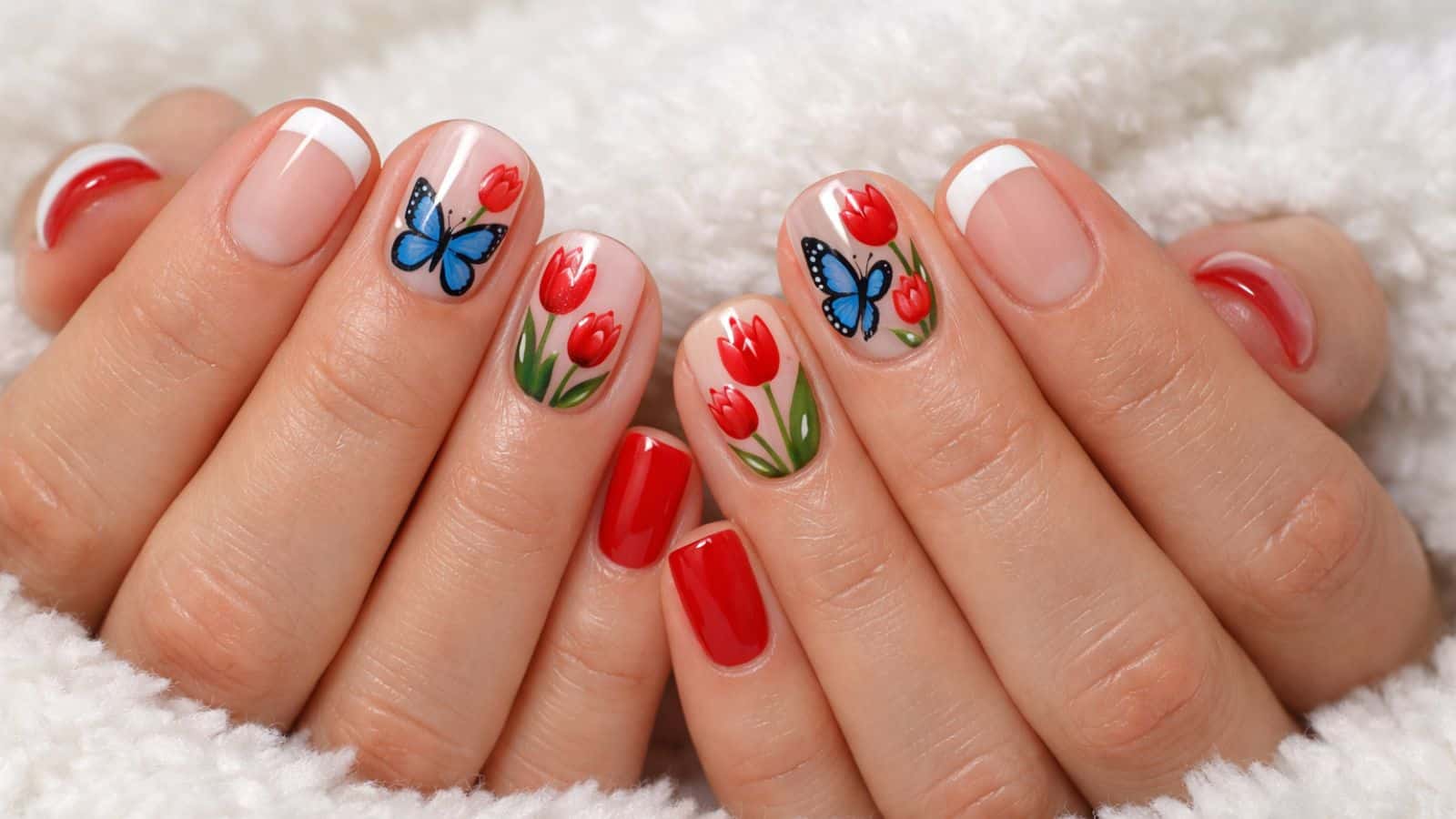 Close-up of hands with manicured nails featuring red polish, French tips, and nail art of blue butterflies and red tulips on a soft white background.