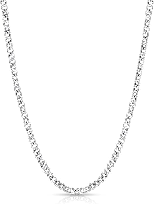 A thin silver chain necklace displayed in a U-shape on a white background.