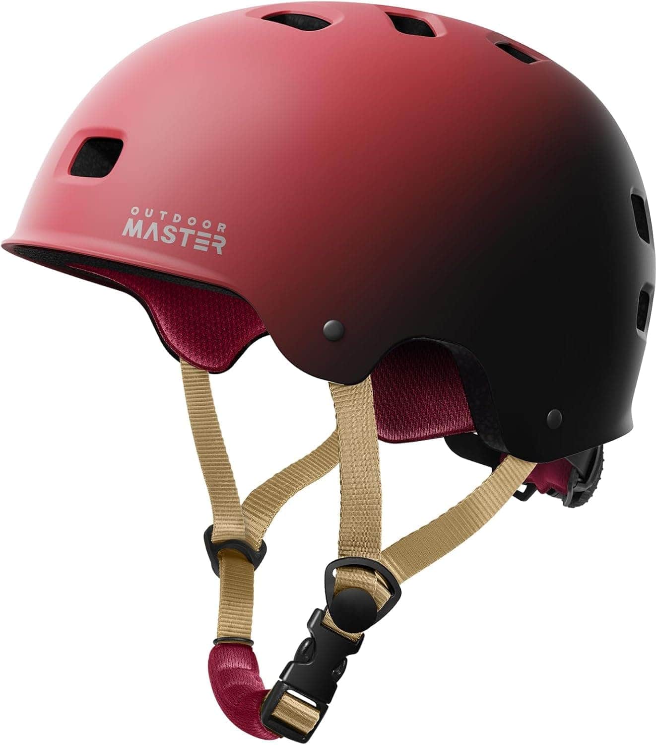 A red and black Outdoor Master helmet with ventilation holes and beige adjustable chin straps.