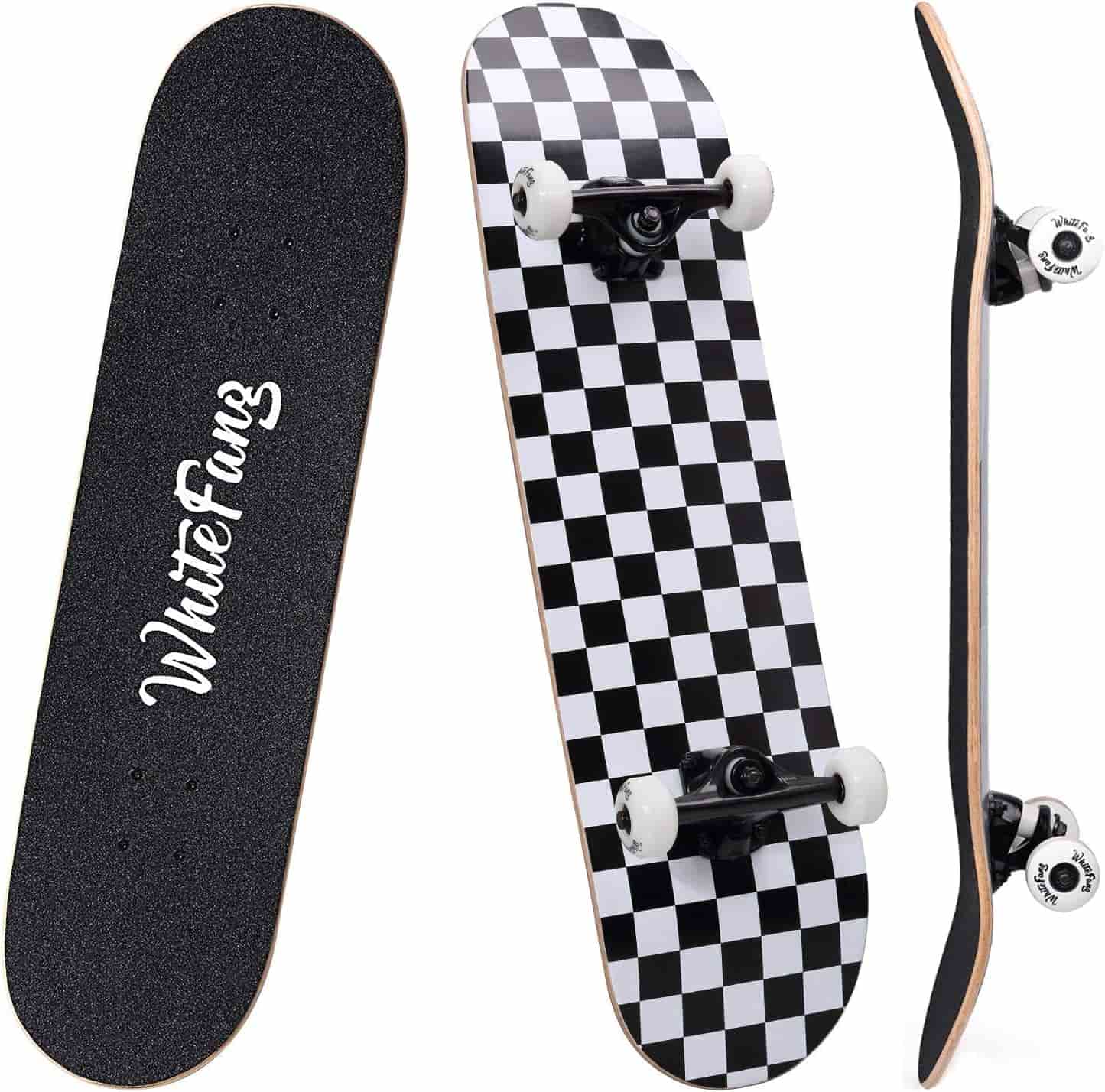 Three views of a skateboard with a black grip tape top labeled "WhiteFang" and a black-and-white checkered bottom, featuring white wheels and black trucks.