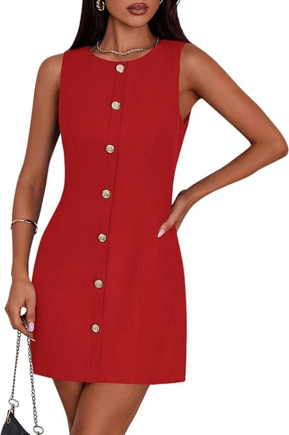 A woman wears a sleeveless, fitted red dress with gold buttons down the front. She carries a black purse and accessorizes with a necklace and bracelet.