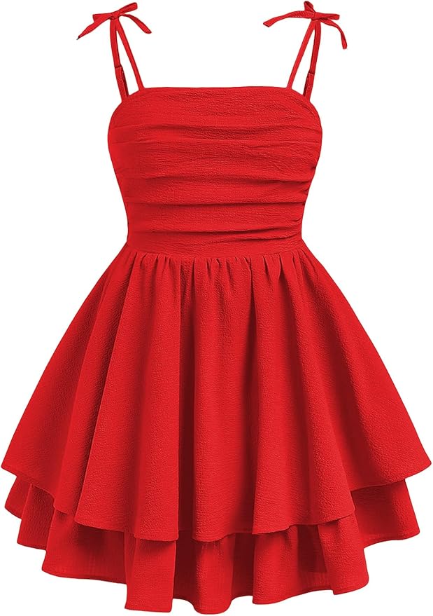 Sleeveless red dress with ruched bodice, adjustable shoulder ties, and a layered, flared skirt displayed on a white background.