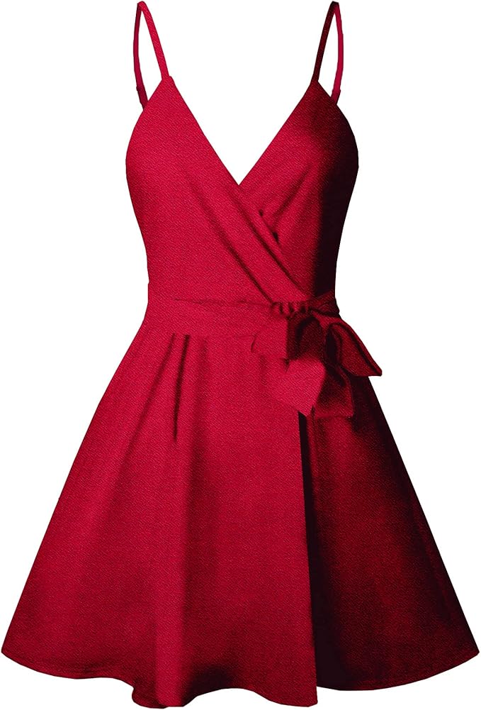Sleeveless red wrap dress with spaghetti straps, V-neckline, flared skirt, and a matching fabric belt tied in a bow at the waist.