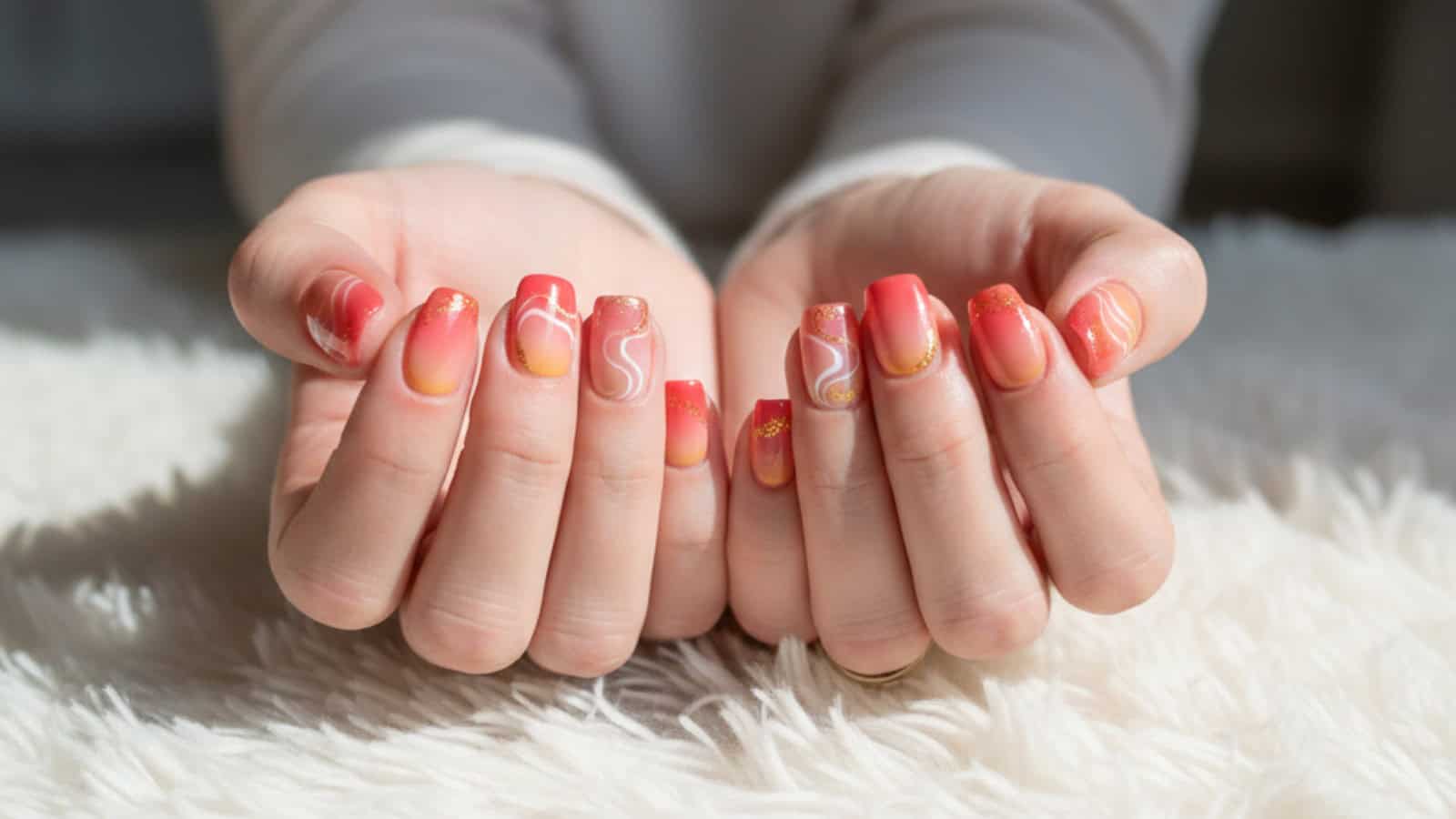 Close-up of two hands with manicured nails featuring a gradient of orange and pink colors, gold accents, and wavy white designs, resting on a white textured surface.