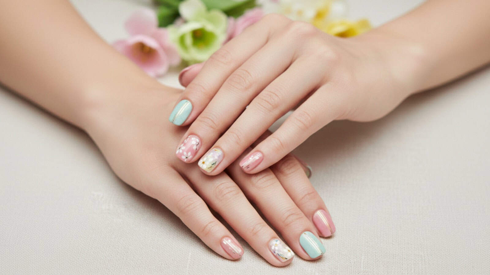 Two hands with pastel-colored manicured nails, some featuring floral and polka dot designs, are placed on a light surface with flowers in the background.