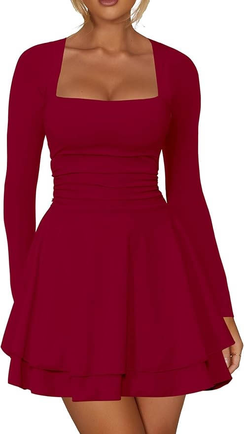 A woman wearing a long-sleeve, square-neck, deep red dress with a fitted waist and flared skirt.
