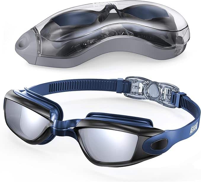 A pair of blue and black swim goggles with mirrored lenses is shown, along with a matching hard case for storage.
