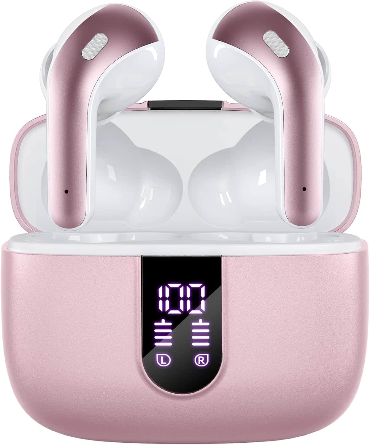 Pink wireless earbuds with a digital display showing battery levels, placed in an open charging case.