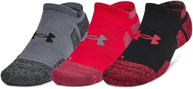 Three pairs of Under Armour low-cut athletic socks are displayed in gray, red, and black color options.
