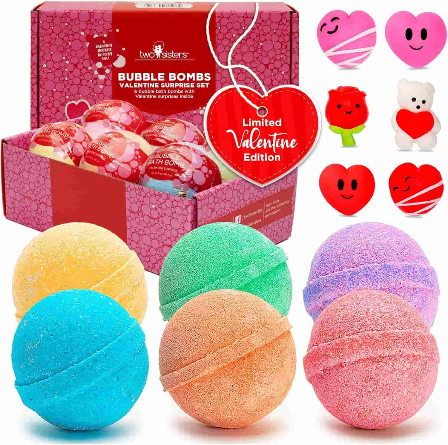 A Valentine’s-themed bath bomb gift set with six colorful bath bombs, heart and bear erasers, and a pink box labeled “Limited Valentine Edition.”.