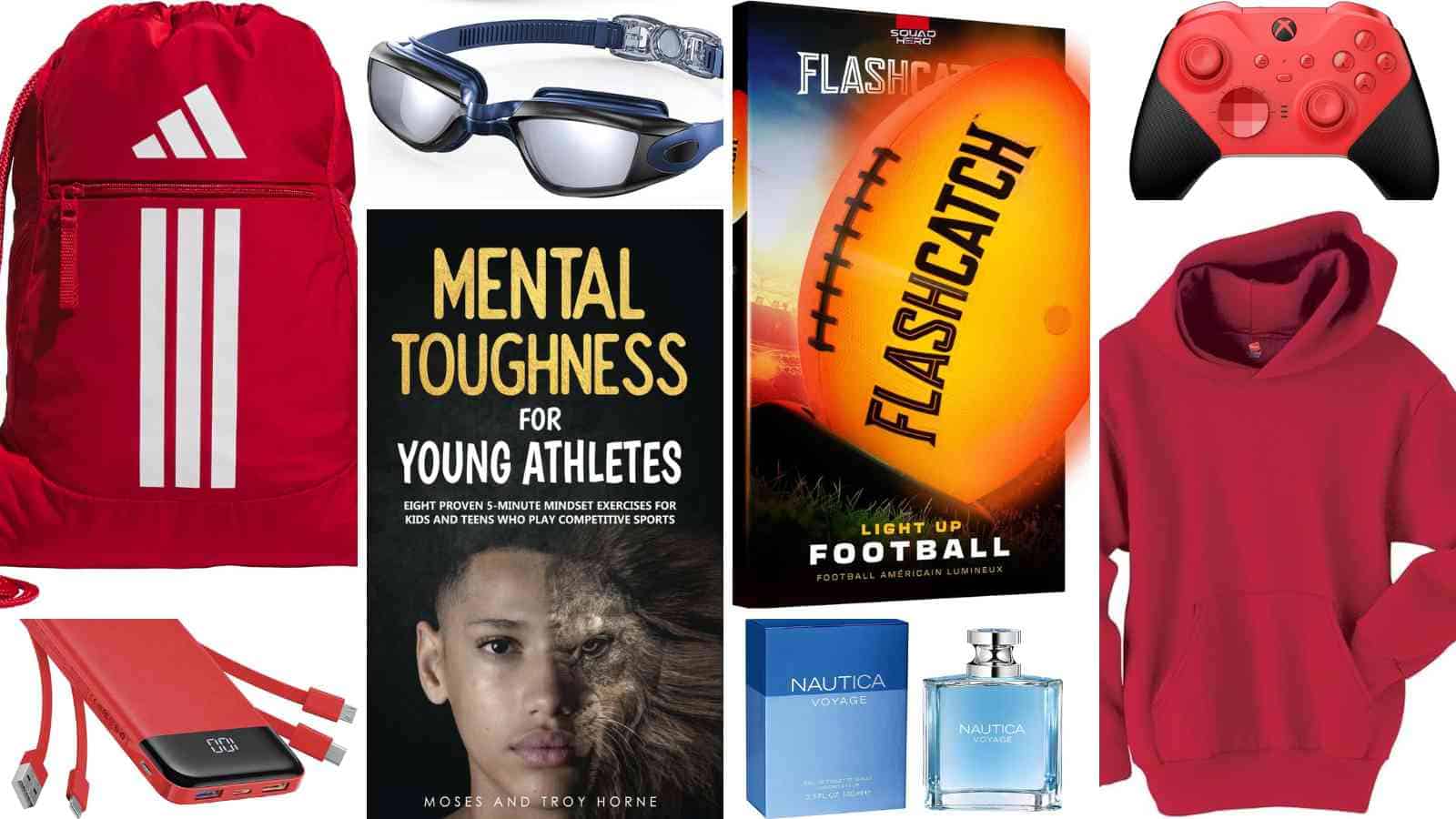 A collection of gift items including a red backpack, swim goggles, book, light-up football, red game controller, red hoodie, charging cables, and cologne bottles arranged in a collage.