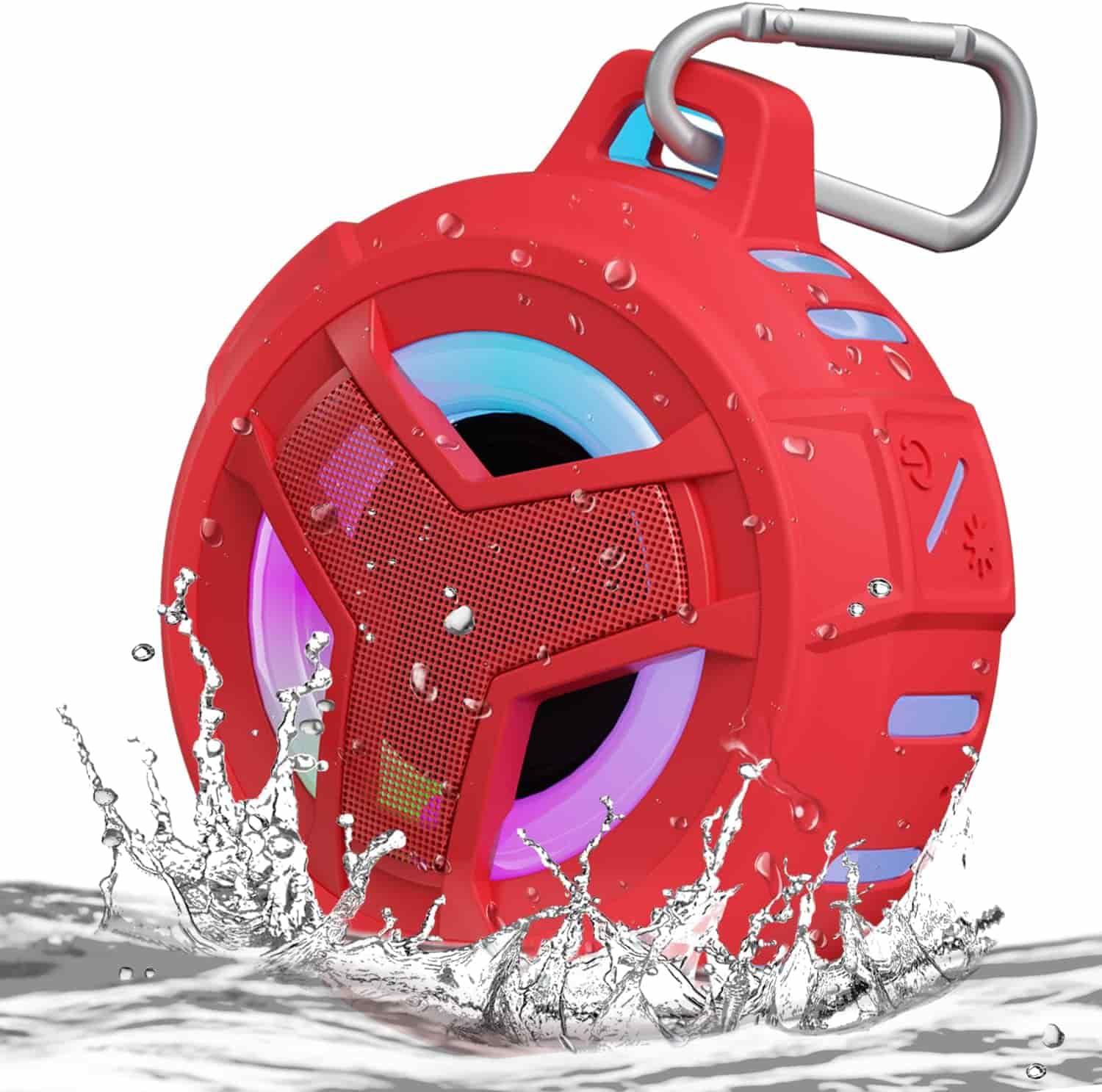 A red portable Bluetooth speaker with LED lights is shown splashing in water, featuring a metal carabiner attached to the top.