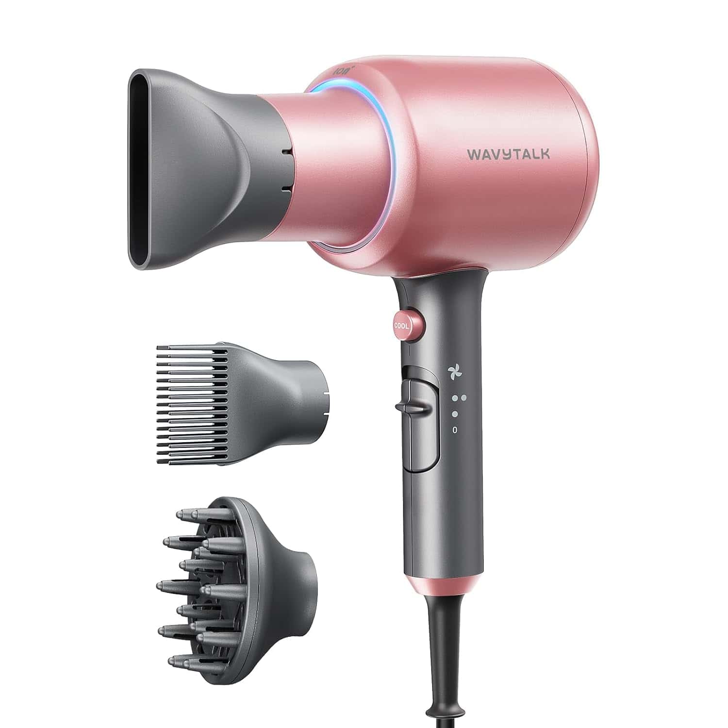 A pink and gray Wavytalk hair dryer with three detachable attachments: a concentrator nozzle, comb, and diffuser, displayed against a white background.