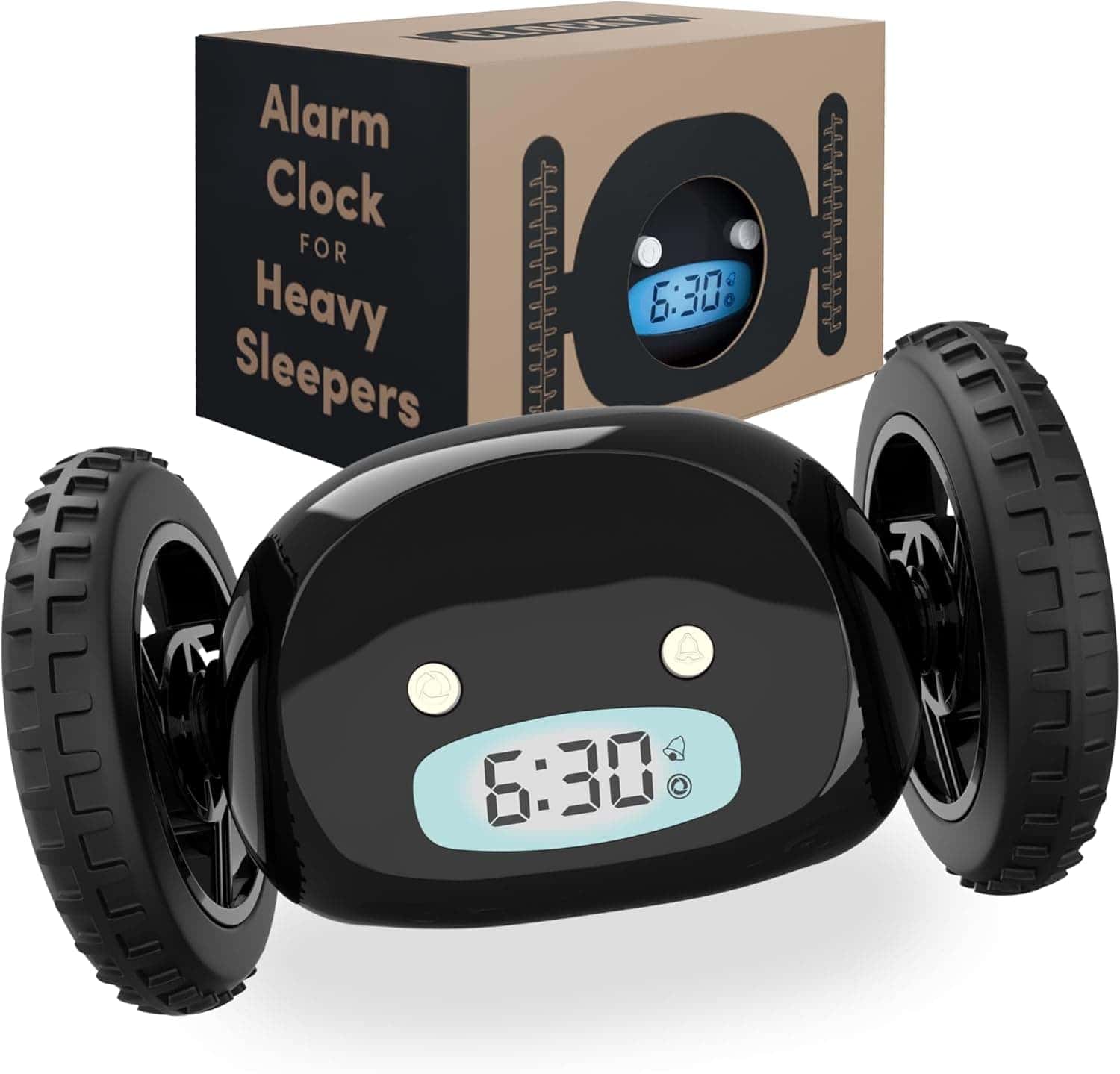 A black rolling alarm clock with large wheels displays 6:30 on its screen; packaging labeled "Alarm Clock for Heavy Sleepers" is in the background.
