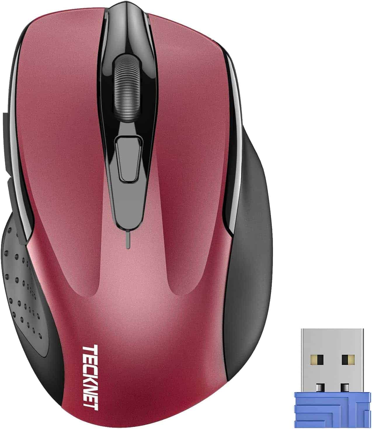 A red and black wireless computer mouse with the brand name "Tecknet" and a USB receiver beside it.