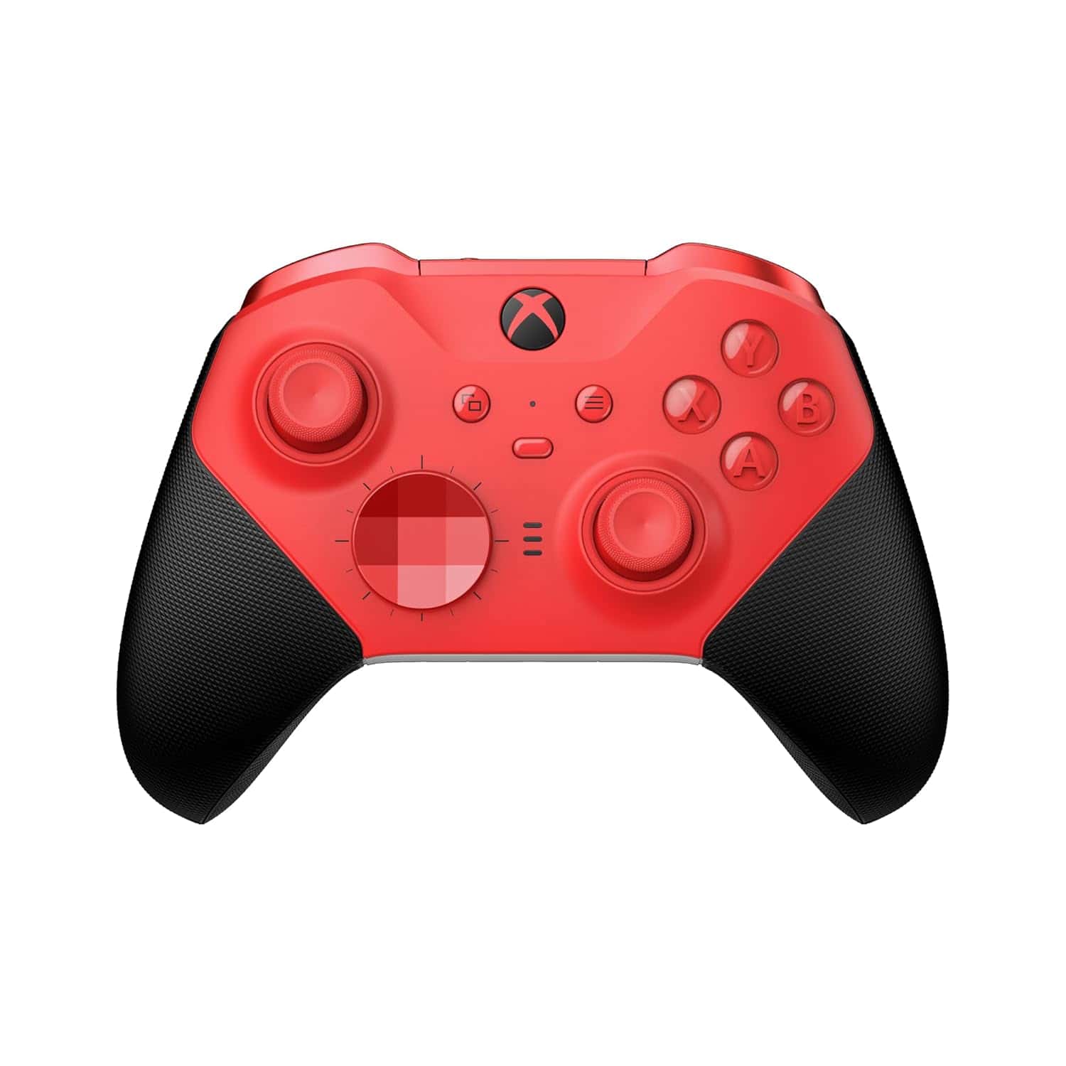 A red and black Xbox wireless controller with standard buttons and analog sticks, photographed from the front against a white background.