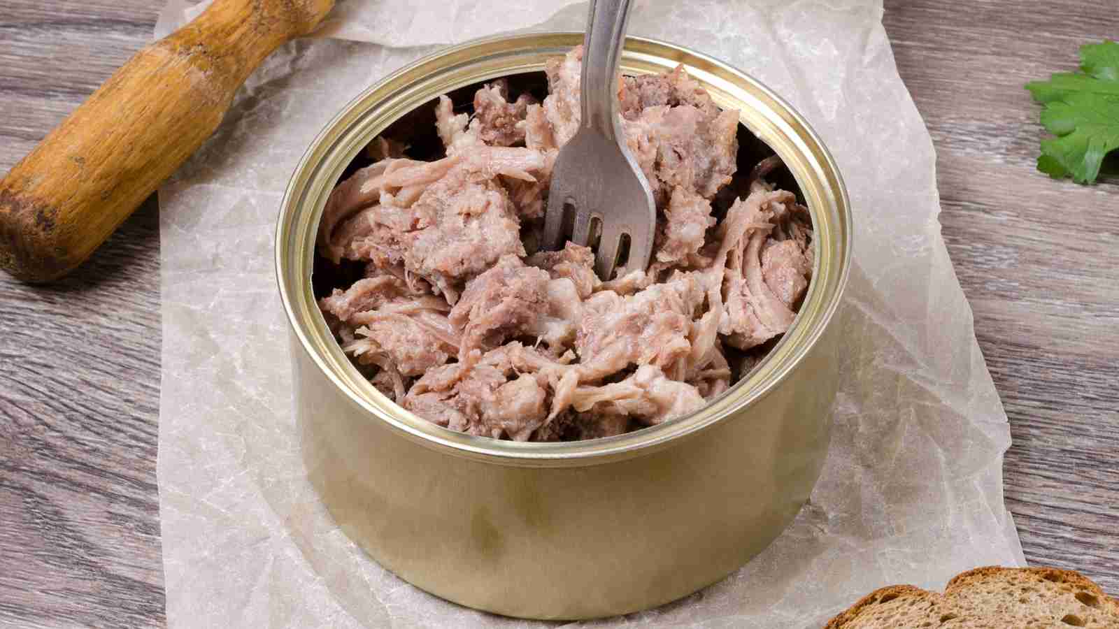 An opened can of shredded meat with a fork inserted, placed on parchment paper, with a piece of bread and some parsley nearby.
