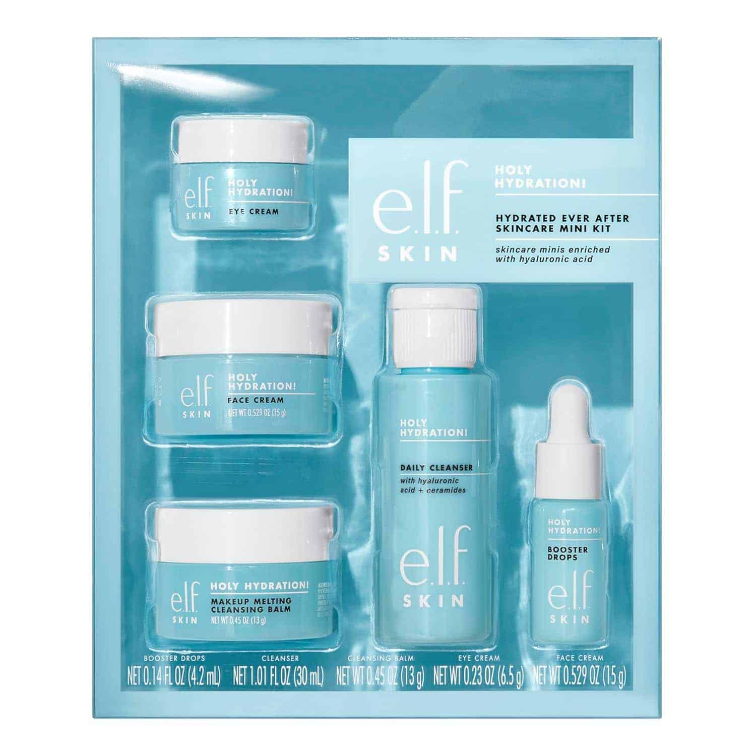 E.l.f. SKIN Hydrated Ever After Skincare Mini Kit featuring five skincare products in blue and white packaging arranged neatly in a box.