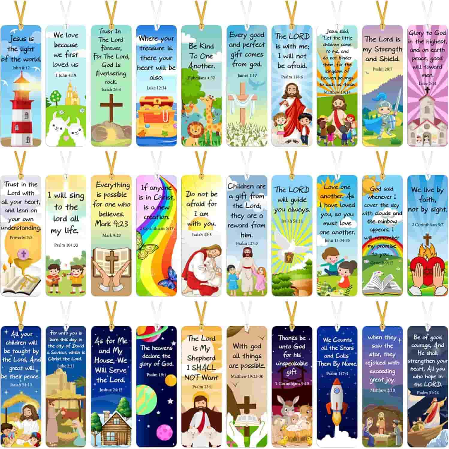 A set of 30 illustrated bookmarks with various Christian themes, Bible verses, and inspirational messages, each with a gold ribbon at the top.