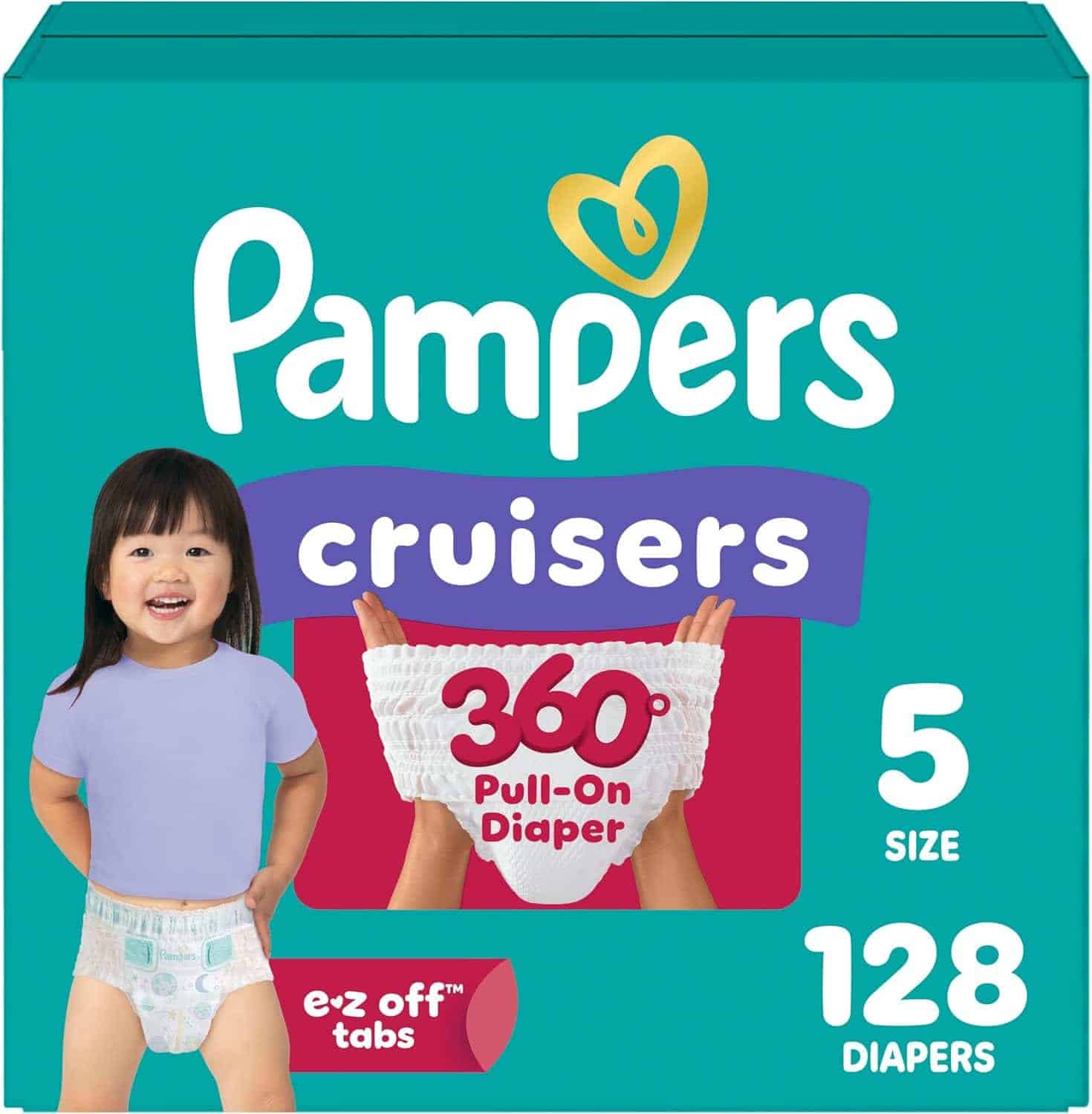 Pampers Cruisers 360° Pull-On Diapers box, size 5, 128 count, shows a child in a diaper and hands holding a pull-on diaper.