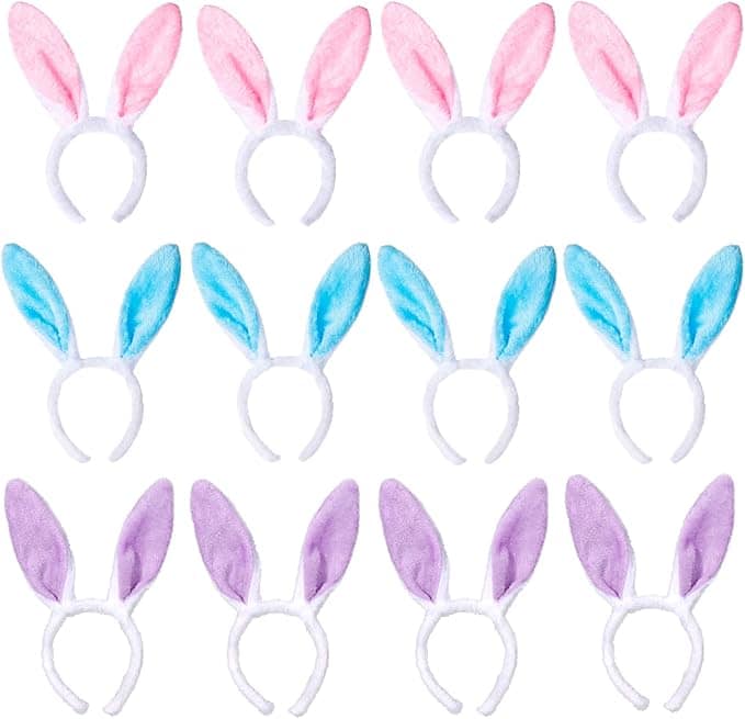 Twelve bunny ear headbands are arranged in three rows, each row featuring four headbands in pink, blue, and purple colors.