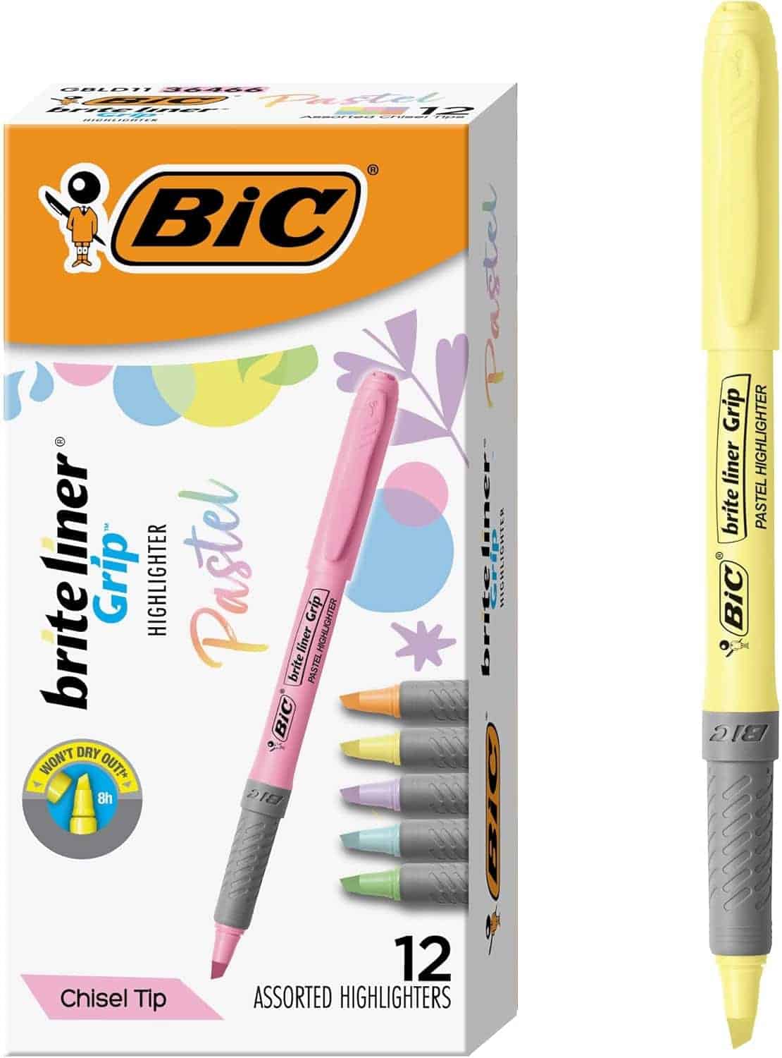 BIC Brite Liner Grip Pastel Highlighters packaging with six pastel-colored highlighters shown, and a separate yellow highlighter displayed to the right.
