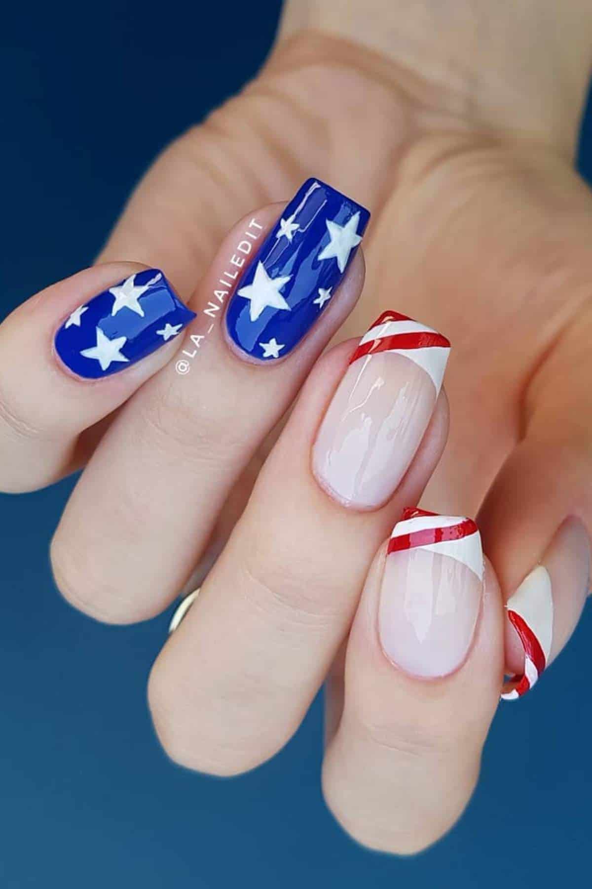 A hand with nails painted in an American flag theme; blue with white stars on two nails, and red and white stripes on the others.