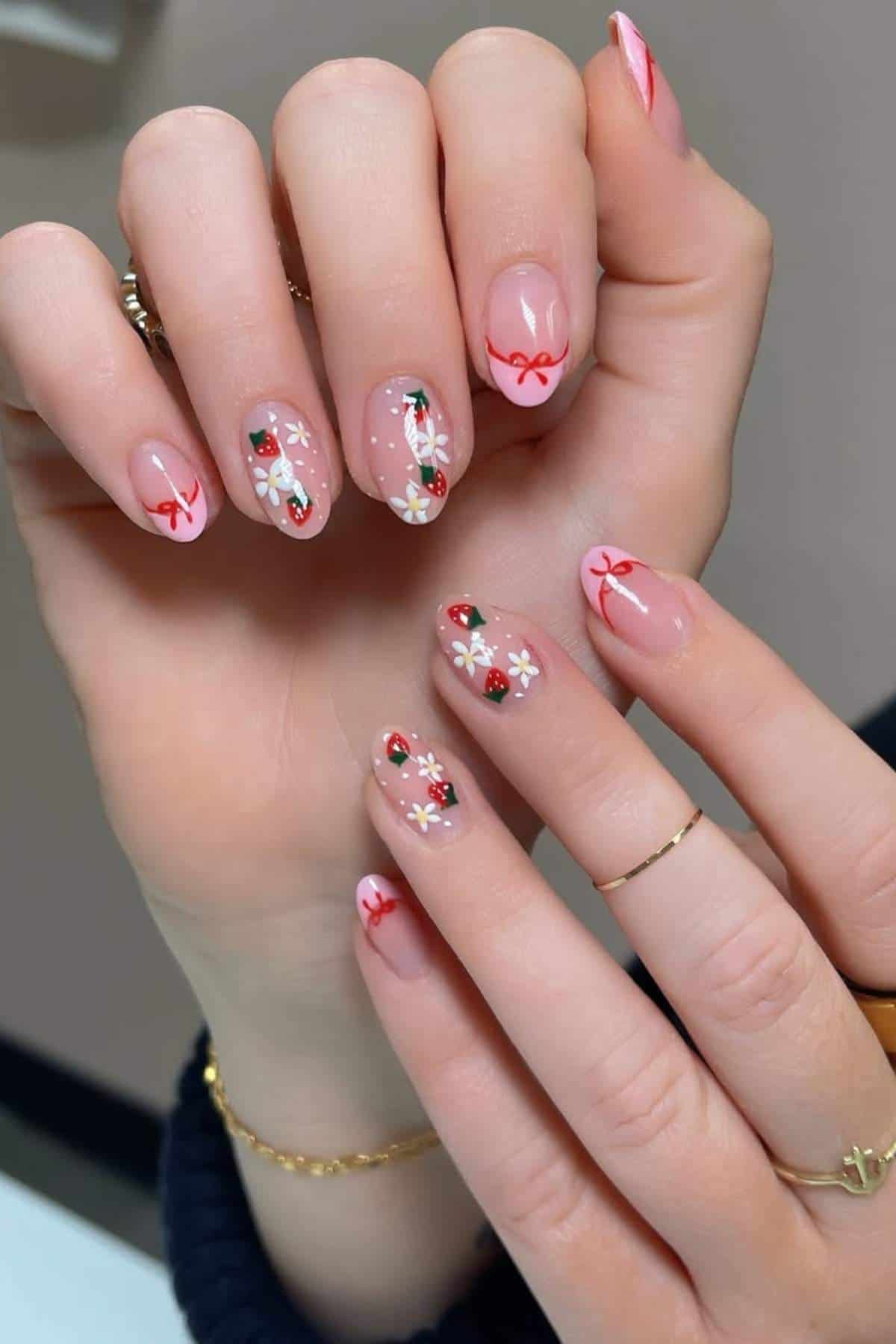 Hands with festive manicure featuring red bows, white snowflakes, and small holly berries on nude and pink nails, accented with gold rings and bracelets.