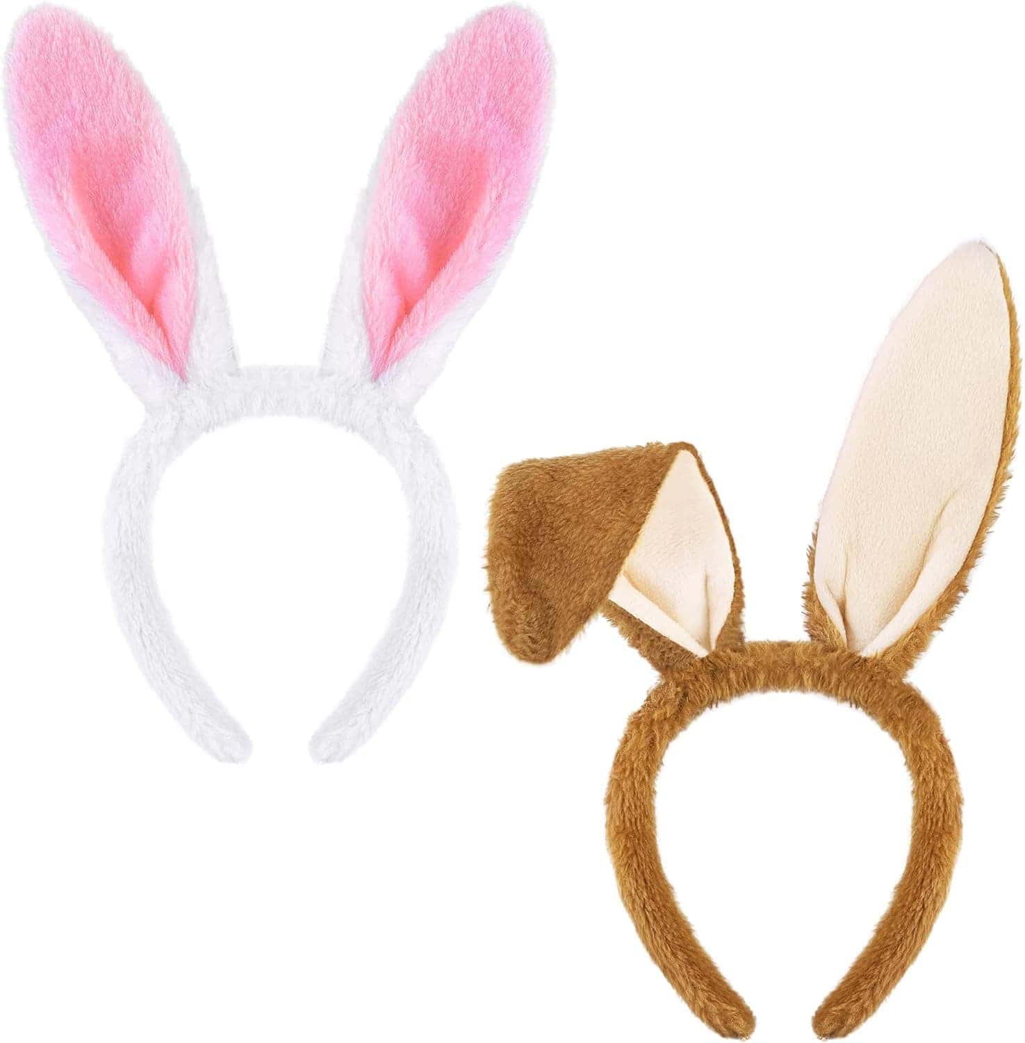 Two plush headbands, one with upright white and pink bunny ears and one with brown and beige bunny ears, one of which is floppy.